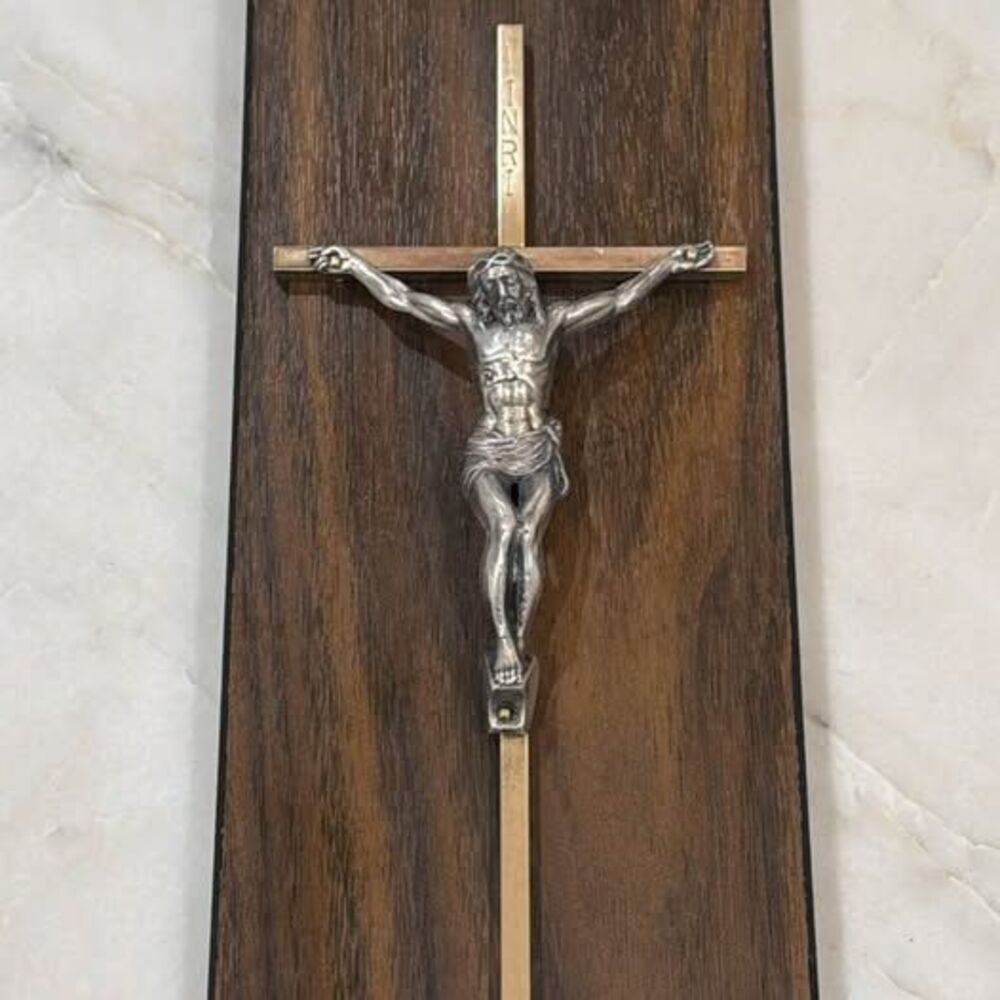 Vintage Mid Century Modern Walnut Crucifix Wall Cross Plaque Metal Jesus 1960s